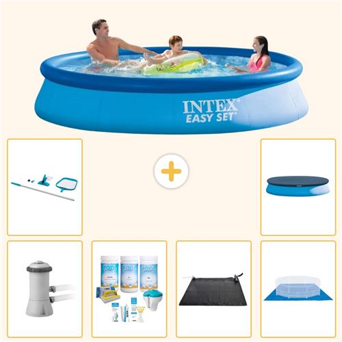 Intex Rond Opblaasbaar Easy Set Zwembad - 366 x 76 cm - Blauw - Inclusief Pomp - Onderhoudspakket - Solar Mat - Grondzeil - Schoonmaakset - Afdekzeil - 7-delig