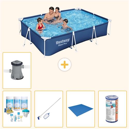 Bestway Rechthoekig Steel Pro Zwembad - 300 x 201 x 66 cm - Blauw - Inclusief Onderhoudspakket - Schoonmaakset - Grondzeil - Filter - Zwembadfilterpomp - 6-delig