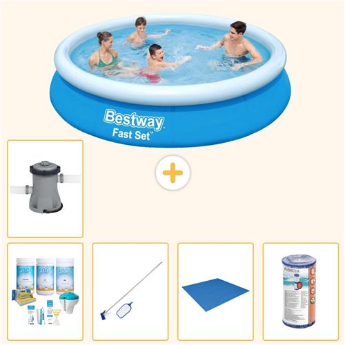 Bestway Rond Opblaasbaar Fast Set Zwembad - 366 x 76 cm - Blauw - Inclusief Onderhoudspakket - Schoonmaakset - Grondzeil - Filter - Zwembadfilterpomp - 6-delig