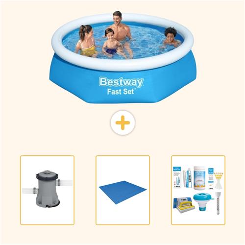 Bestway Rond Opblaasbaar Fast Set Zwembad - 244 x 61 cm - Blauw - Inclusief Pomp - Grondzeil - Onderhoudspakket - 4-delig