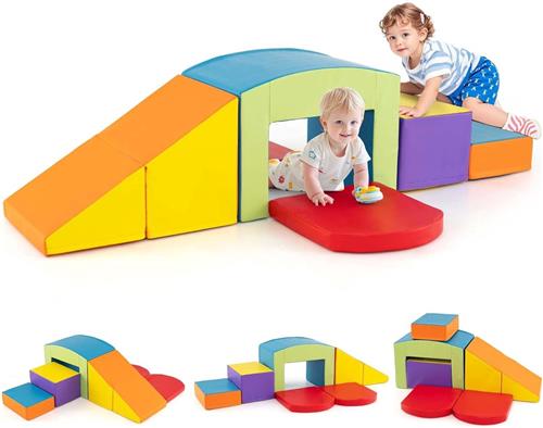 COSTWAY 6-delige schuimbouwstenen, zachte bouwstenen met tune, trap en helling, reuzenbouwstenen om te klimmen en ravotten, grote bouwstenen van schuim, klimblokken, voor binnen, voor kinderen