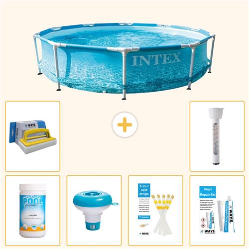Intex Rond Frame Zwembad - 305 x 76 cm - Waterprint - Inclusief Chloor - Chloordrijver - Testrips - Reparatiesetje - Scrubborstel - Thermometer - 7-delig