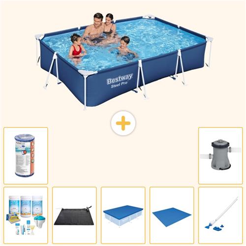 Bestway Rechthoekig Steel Pro Zwembad - 300 x 201 x 66 cm - Blauw - Inclusief Onderhoudspakket - Solar Mat - Afdekzeil - Grondzeil - Filter - Stofzuiger - Zwembadfilterpomp - 8-delig