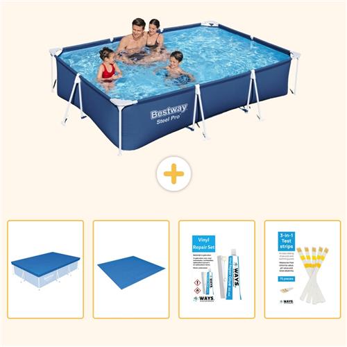 Bestway Rechthoekig Steel Pro Zwembad - 300 x 201 x 66 cm - Blauw - Inclusief Afdekzeil - Grondzeil - Reparatiesetje - Testrips - 5-delig