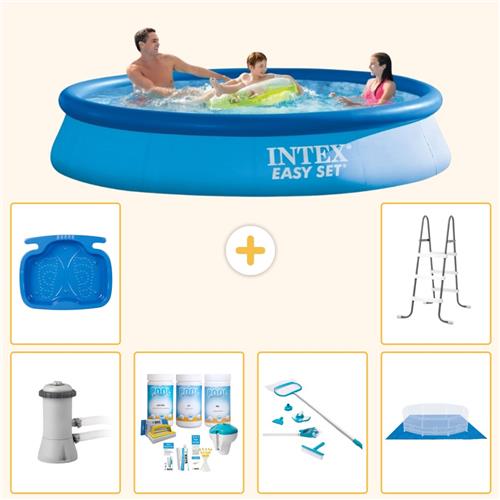 Intex Rond Opblaasbaar Easy Set Zwembad - 366 x 76 cm - Blauw - Inclusief Pomp - Onderhoudspakket - Schoonmaakset - Grondzeil - Voetenbad - Ladder - 7-delig