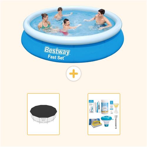 Bestway Rond Opblaasbaar Fast Set Zwembad - 366 x 76 cm - Blauw - Inclusief Afdekzeil - Onderhoudspakket - 3-delig
