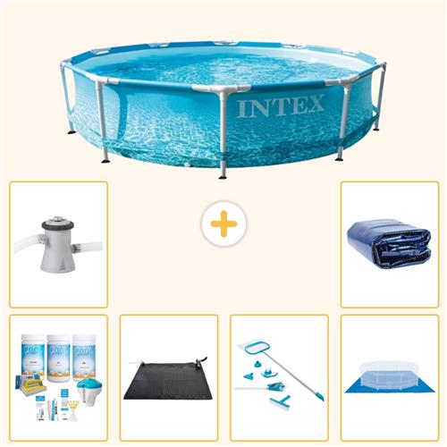 Intex Rond Frame Zwembad - 305 x 76 cm - Waterprint - Inclusief Onderhoudspakket - Solar Mat - Schoonmaakset - Grondzeil - Zwembadfilterpomp - Solarzeil - 7-delig