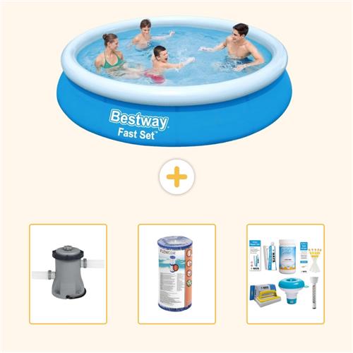 Bestway Rond Opblaasbaar Fast Set Zwembad - 366 x 76 cm - Blauw - Inclusief Pomp - Filter - Onderhoudspakket - 4-delig