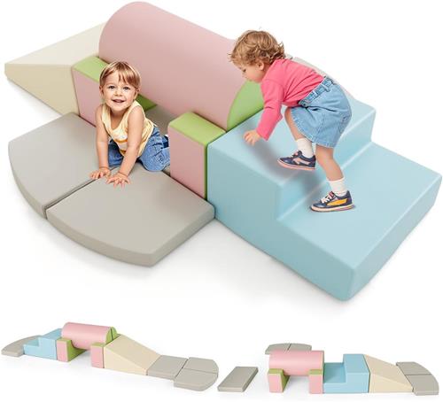 COSTWAY Zachte Schuimrubberen Bouwstenen Set  10-delige Reuzenbouwstenen van PU Kunstleer met Klittenbandsluiting  Klim- en Glijblokken voor Kinderen vanaf 1 Jaar, Voor Binnen