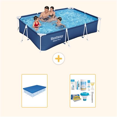 Bestway Rechthoekig Steel Pro Zwembad - 300 x 201 x 66 cm - Blauw - Inclusief Afdekzeil - Onderhoudspakket - 3-delig