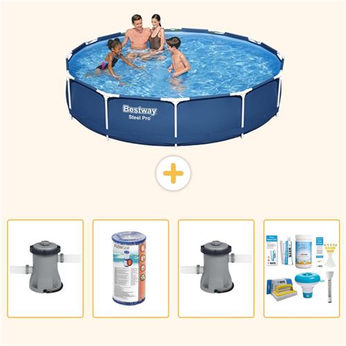 Bestway Rond Steel Pro Zwembad - 366 x 76 cm - Blauw - Inclusief Pomp - Filter - Zwembadfilterpomp - Onderhoudspakket - 5-delig