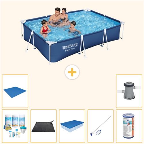 Bestway Rechthoekig Steel Pro Zwembad - 300 x 201 x 66 cm - Blauw - Inclusief Onderhoudspakket - Solar Mat - Afdekzeil - Schoonmaakset - Grondzeil - Filter - Zwembadfilterpomp - 8-delig