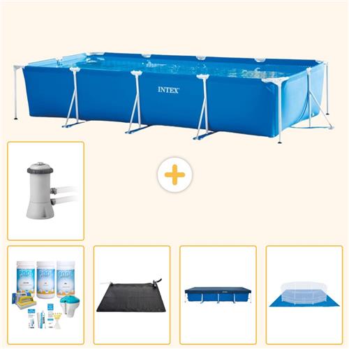 Intex Rechthoekig Frame Zwembad - 450 x 220 x 84 cm - Blauw - Inclusief Onderhoudspakket - Solar Mat - Afdekzeil - Grondzeil - Zwembadfilterpomp - 6-delig