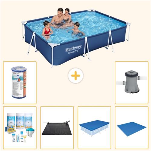 Bestway Rechthoekig Steel Pro Zwembad - 300 x 201 x 66 cm - Blauw - Inclusief Onderhoudspakket - Solar Mat - Afdekzeil - Grondzeil - Filter - Zwembadfilterpomp - 7-delig