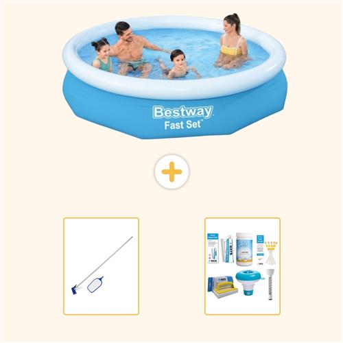 Bestway Rond Opblaasbaar Fast Set Zwembad - 305 x 66 cm - Blauw - Inclusief Schoonmaakset - Onderhoudspakket - 3-delig