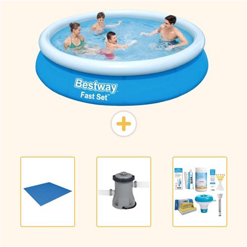 Bestway Rond Opblaasbaar Fast Set Zwembad - 366 x 76 cm - Blauw - Inclusief Grondzeil - Zwembadfilterpomp - Onderhoudspakket - 4-delig