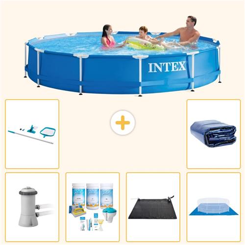 Intex Rond Frame Zwembad - 366 x 76 cm - Blauw - Inclusief Pomp - Onderhoudspakket - Solar Mat - Grondzeil - Schoonmaakset - Solarzeil - 7-delig