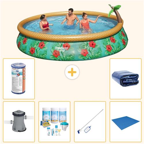 Bestway Rond Opblaasbaar Fast Set Zwembad - Paradijsprint - 457 x 84 cm - Inclusief Pomp - Onderhoudspakket - Schoonmaakset - Grondzeil - Filter - Solarzeil - 7-delig