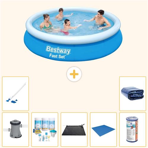 Bestway Rond Opblaasbaar Fast Set Zwembad - 366 x 76 cm - Blauw - Inclusief Pomp - Onderhoudspakket - Solar Mat - Grondzeil - Filter - Stofzuiger - Solarzeil - 8-delig