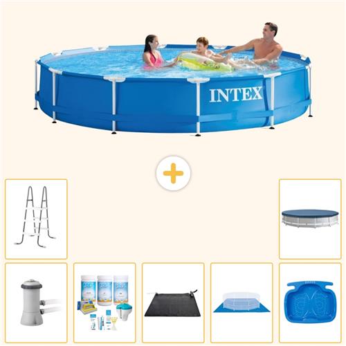 Intex Rond Frame Zwembad - 366 x 76 cm - Blauw - Inclusief Pomp - Onderhoudspakket - Solar Mat - Grondzeil - Voetenbad - Ladder - Afdekzeil - 8-delig