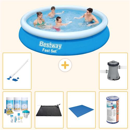 Bestway Rond Opblaasbaar Fast Set Zwembad - 366 x 76 cm - Blauw - Inclusief Onderhoudspakket - Solar Mat - Grondzeil - Filter - Stofzuiger - Zwembadfilterpomp - 7-delig