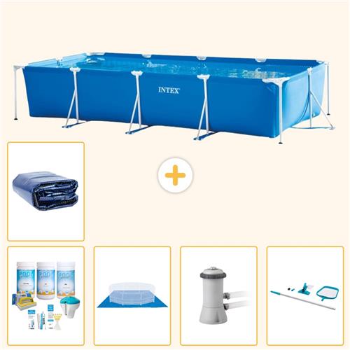 Intex Rechthoekig Frame Zwembad - 450 x 220 x 84 cm - Blauw - Inclusief Onderhoudspakket - Grondzeil - Zwembadfilterpomp - Schoonmaakset - Solarzeil - 6-delig