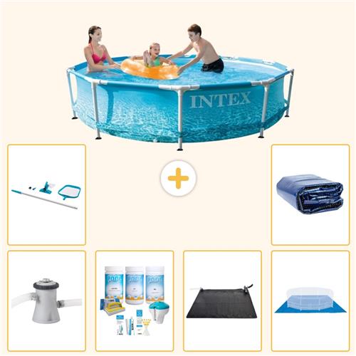Intex Rond Frame Zwembad - 305 x 76 cm - Waterprint - Inclusief Pomp - Onderhoudspakket - Solar Mat - Grondzeil - Schoonmaakset - Solarzeil - 7-delig