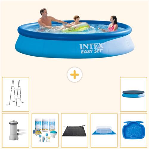 Intex Rond Opblaasbaar Easy Set Zwembad - 366 x 76 cm - Blauw - Inclusief Pomp - Onderhoudspakket - Solar Mat - Grondzeil - Voetenbad - Ladder - Afdekzeil - 8-delig