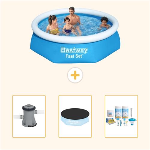 Bestway Rond Opblaasbaar Fast Set Zwembad - 244 x 61 cm - Blauw - Inclusief Pomp - Afdekzeil - Onderhoudspakket - 4-delig