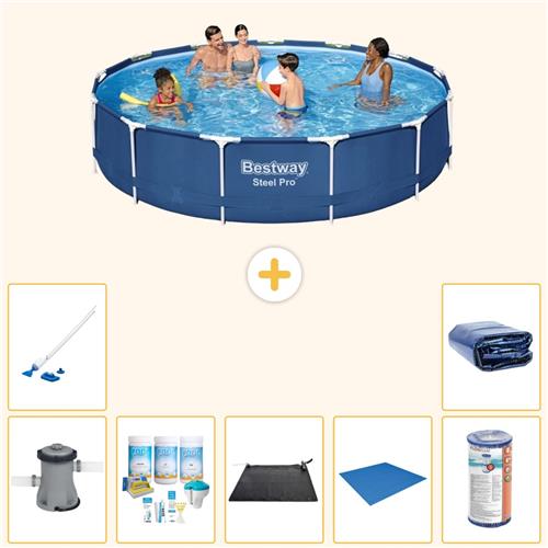 Bestway Rond Steel Pro Zwembad - 396 x 84 cm - Blauw - Inclusief Pomp - Onderhoudspakket - Solar Mat - Grondzeil - Filter - Stofzuiger - Solarzeil - 8-delig