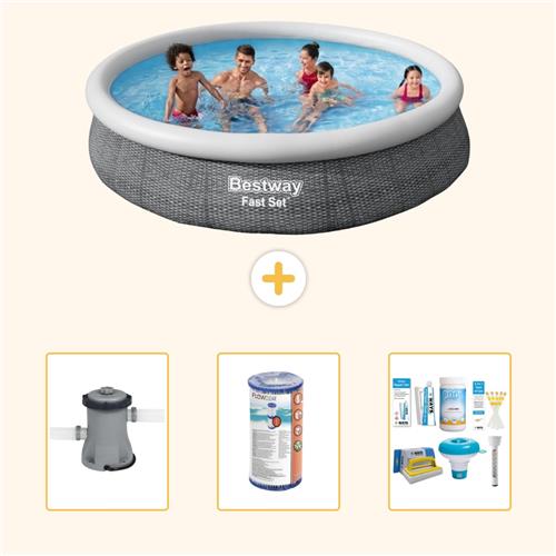 Bestway Rond Opblaasbaar Fast Set Zwembad - Rotanprint - 366 x 76 cm - Inclusief Pomp - Filter - Onderhoudspakket - 4-delig