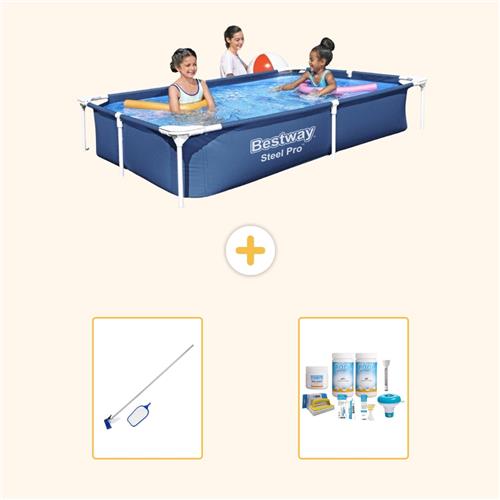 Bestway Rechthoekig Steel Pro Zwembad - 221 x 150 x 43 cm - Blauw - Inclusief Schoonmaakset - Onderhoudspakket - 3-delig