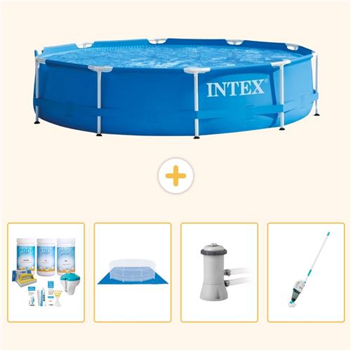 Intex Rond Frame Zwembad - 366 x 76 cm - Blauw - Inclusief Onderhoudspakket - Grondzeil - Zwembadfilterpomp - Stofzuiger - 5-delig