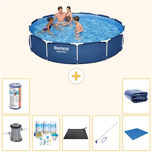 Bestway Rond Steel Pro Zwembad - 366 x 76 cm - Blauw - Inclusief Pomp - Onderhoudspakket - Solar Mat - Schoonmaakset - Grondzeil - Filter - Solarzeil - 8-delig
