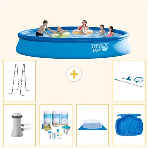 Intex Rond Opblaasbaar Easy Set Zwembad - 457 x 84 cm - Blauw - Inclusief Pomp - Onderhoudspakket - Grondzeil - Voetenbad - Ladder - Schoonmaakset - 7-delig