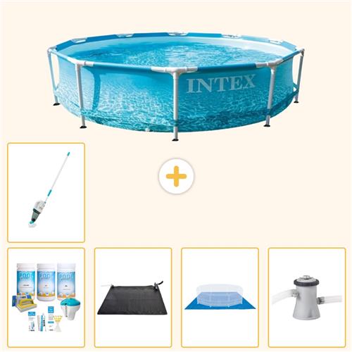 Intex Rond Frame Zwembad - 305 x 76 cm - Waterprint - Inclusief Onderhoudspakket - Solar Mat - Grondzeil - Zwembadfilterpomp - Stofzuiger - 6-delig