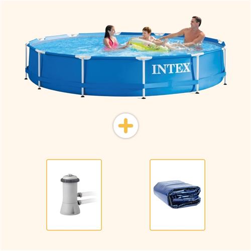Intex Rond Frame Zwembad - 366 x 76 cm - Blauw - Inclusief Pomp - Solarzeil - 3-delig