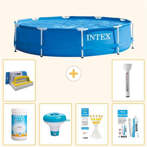 Intex Rond Frame Zwembad - 366 x 76 cm - Blauw - Inclusief Chloor - Chloordrijver - Testrips - Reparatiesetje - Scrubborstel - Thermometer - 7-delig