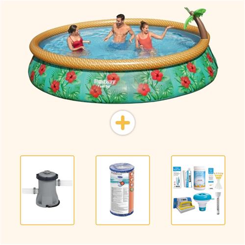 Bestway Rond Opblaasbaar Fast Set Zwembad - Paradijsprint - 457 x 84 cm - Inclusief Pomp - Filter - Onderhoudspakket - 4-delig