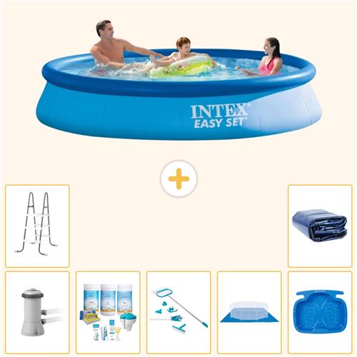 Intex Rond Opblaasbaar Easy Set Zwembad - 366 x 76 cm - Blauw - Inclusief Pomp - Onderhoudspakket - Schoonmaakset - Grondzeil - Voetenbad - Ladder - Solarzeil - 8-delig