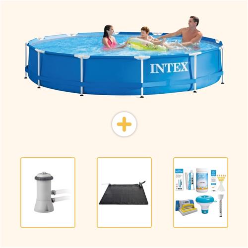 Intex Rond Frame Zwembad - 366 x 76 cm - Blauw - Inclusief Pomp - Solar Mat - Onderhoudspakket - 4-delig