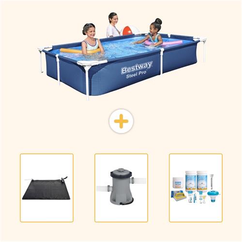 Bestway Rechthoekig Steel Pro Zwembad - 221 x 150 x 43 cm - Blauw - Inclusief Solar Mat - Zwembadfilterpomp - Onderhoudspakket - 4-delig