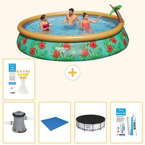 Bestway Rond Opblaasbaar Fast Set Zwembad - Paradijsprint - 457 x 84 cm - Inclusief Pomp - Grondzeil - Afdekzeil - Reparatiesetje - Testrips - 6-delig