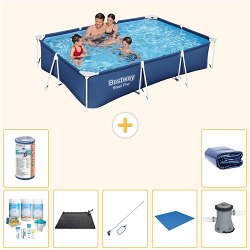 Bestway Rechthoekig Steel Pro Zwembad - 300 x 201 x 66 cm - Blauw - Inclusief Onderhoudspakket - Solar Mat - Schoonmaakset - Grondzeil - Filter - Zwembadfilterpomp - Solarzeil - 8-delig