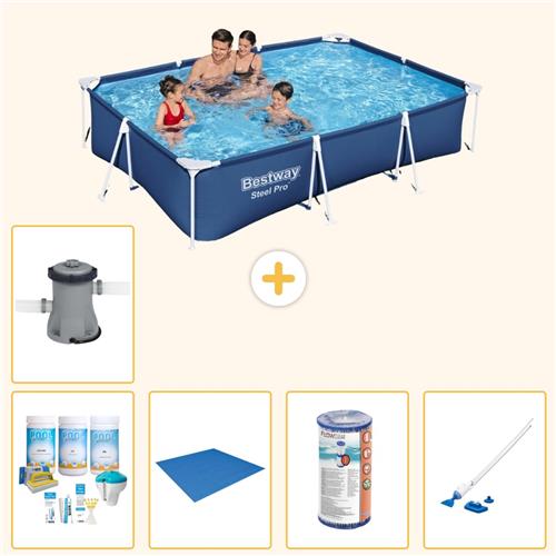 Bestway Rechthoekig Steel Pro Zwembad - 300 x 201 x 66 cm - Blauw - Inclusief Onderhoudspakket - Grondzeil - Filter - Stofzuiger - Zwembadfilterpomp - 6-delig