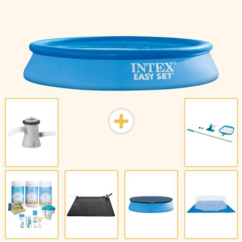 Intex Rond Opblaasbaar Easy Set Zwembad - 305 x 61 cm - Blauw - Inclusief Onderhoudspakket - Solar Mat - Afdekzeil - Grondzeil - Zwembadfilterpomp - Schoonmaakset - 7-delig