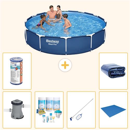 Bestway Rond Steel Pro Zwembad - 366 x 76 cm - Blauw - Inclusief Pomp - Onderhoudspakket - Schoonmaakset - Grondzeil - Filter - Solarzeil - 7-delig