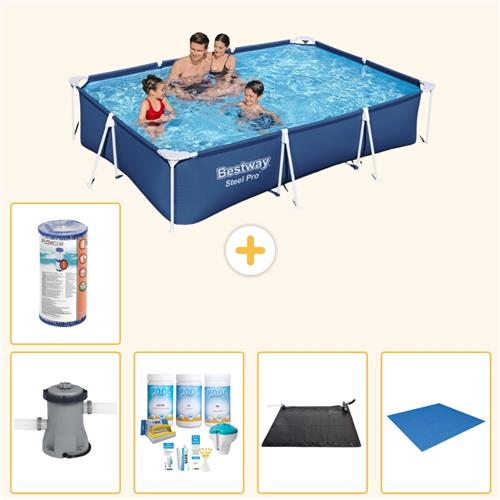 Bestway Rechthoekig Steel Pro Zwembad - 300 x 201 x 66 cm - Blauw - Inclusief Pomp - Onderhoudspakket - Solar Mat - Grondzeil - Filter - 6-delig