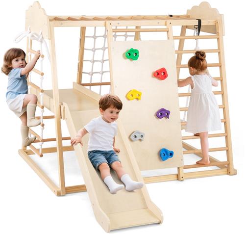 COSTWAY Klimrek voor binnen, 8-in-1 klimdriehoek, schommel, klimnet, glijbaan, klimrotsen, apenstangen, touwladder en platform, houten speelplaats, voor kinderen vanaf 3 jaar (natuur)