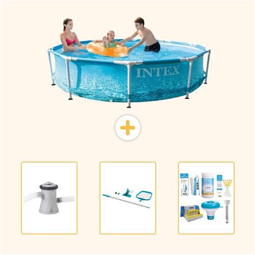 Intex Rond Frame Zwembad - 305 x 76 cm - Waterprint - Inclusief Pomp - Schoonmaakset - Onderhoudspakket - 4-delig